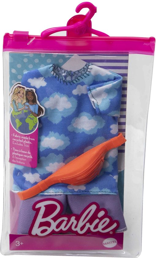Mattel Barbie Ken Kleding en Accessoires Set - Wolken T-Shirt met paarse korte broek en heuptasje - Kleding voor Barbie Ken Pop van Mattel
