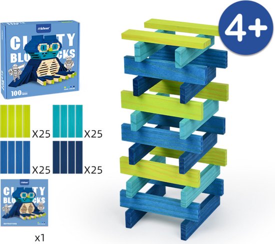 MiDeer 100 Massief Houten Plankjes met Voorbeeldboek - Domino & Archimedes Bouwstenen - Educatief speelgoed - Creativiteit Inspireren - Koele kleur set compatibel met KAPLA - Academics' Choice - Brain Toy - Award Winner van Mi