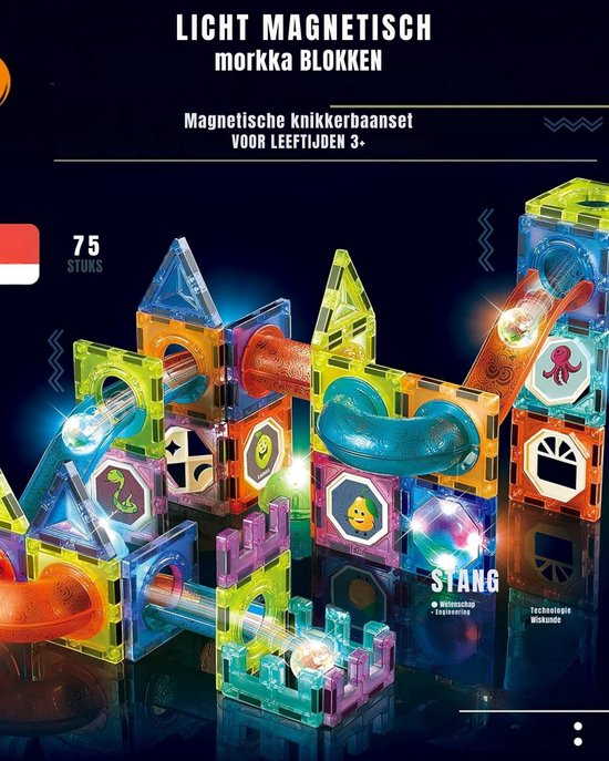 MMP® Magnetische Knikkerbaan - Magnetic Tiles - Magnetisch Speelgoed - 75 Stuks - 15x15x8cm - Veelkleurig van Merkloos