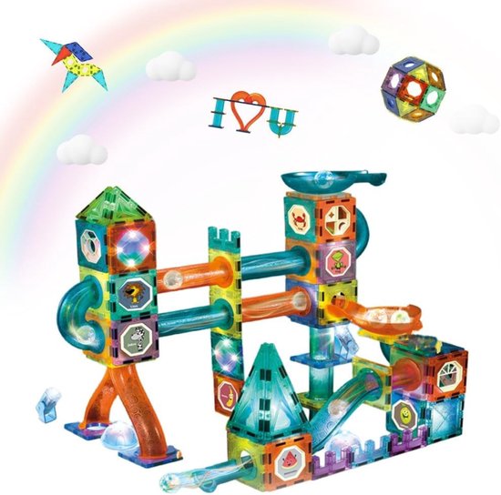 MMP® Magnetische Knikkerbaan - Magnetic Tiles - Magnetisch Speelgoed - 75 Stuks - 36x28x9cm - Veelkleurig van Merkloos