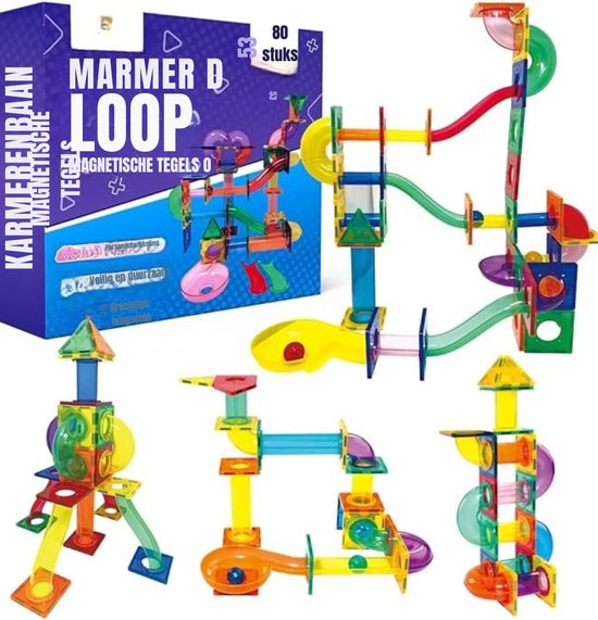 MMP® Magnetische Knikkerbaan - Magnetic Tiles - Magnetisch Speelgoed - 80 Stuk - 36x31x9cm - Veelkleurig van Merkloos