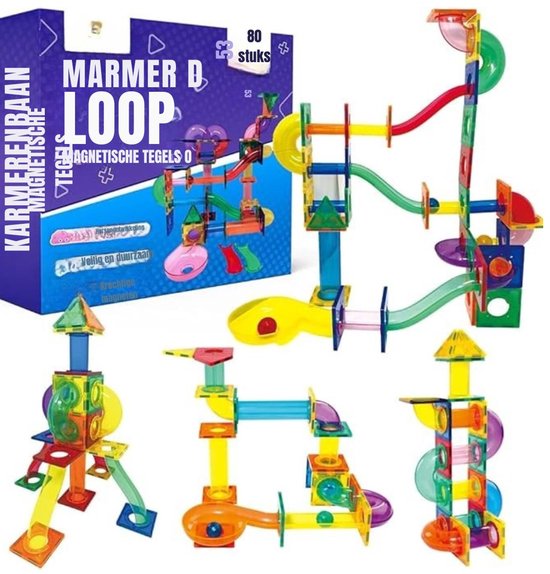 MMP® Magnetische Knikkerbaan - Magnetic Tiles - Magnetisch Speelgoed - 80 Stuk - Veelkleurig - 36cm x 31cm x 9cm van Merkloos