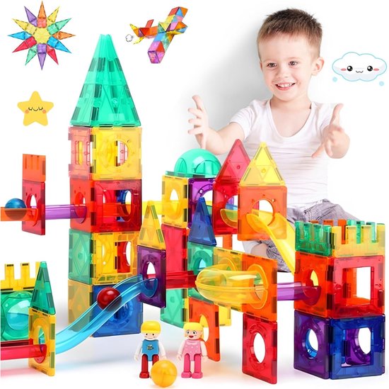 MMP® Magnetische Knikkerbaan - Magnetic Tiles - Magnetisch Speelgoed - 80 Stuks - 60x45x40cm - Veelkleurig van Merkloos