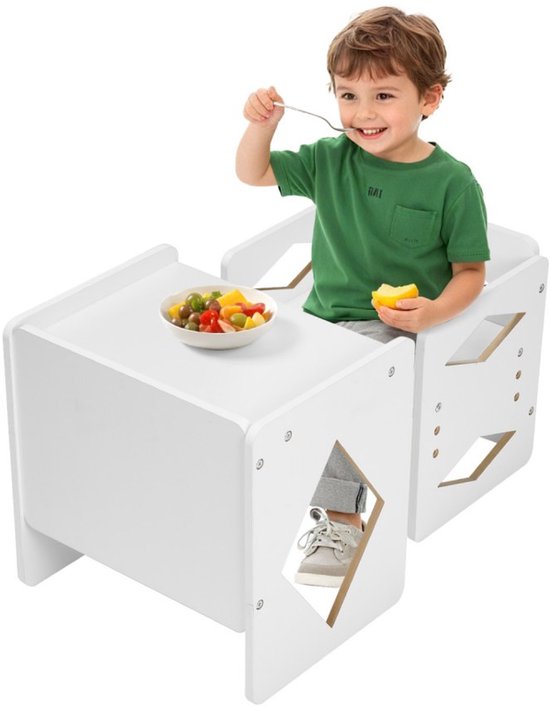 Montessori tafel- en stoelset - Houten peuterset (1 tafel + 1 stoel) - In hoogte verstelbaar - Activiteitentafel & speeltafel - Voor kinderen 1-5 jaar - Wit van Merkloos