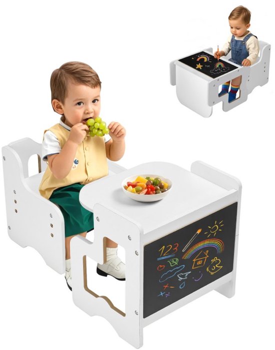 Montessori tafel- en stoelset - Kindertafel en stoel - In Hoogte Verstelbaar - Hout - Met Krijtbord - Voor Peuters 1–5 Jaar - Activiteitentafel en Speeltafel - Wit van Merkloos