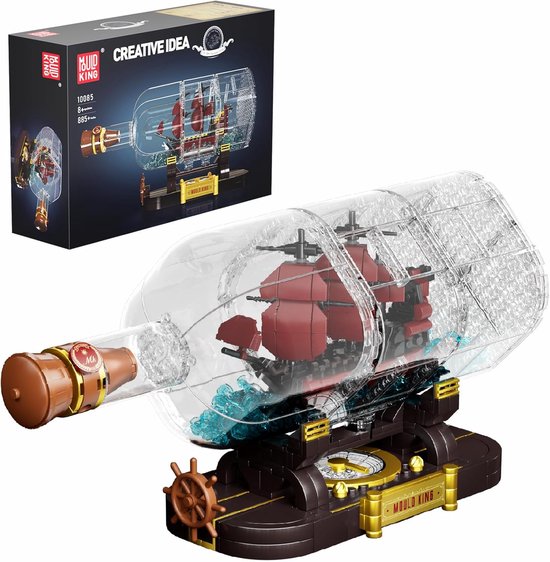Mould King - Piratenschip in fles | Miniatuur Queen Anna's Revenge | Pirates of the Caribbean modelbouw compatible met lego sluban | Classic Creator STEM piraten boot | Speelgoed expert technisch bouwpakket kinderen en volwassenen | 885 bouwstenen van Mould King