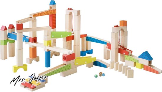 Mrs. Jones houten knikkerbaan groot 100-delig bouwpakket - motoriekspeelgoed variabel op te bouwen . van Merkloos