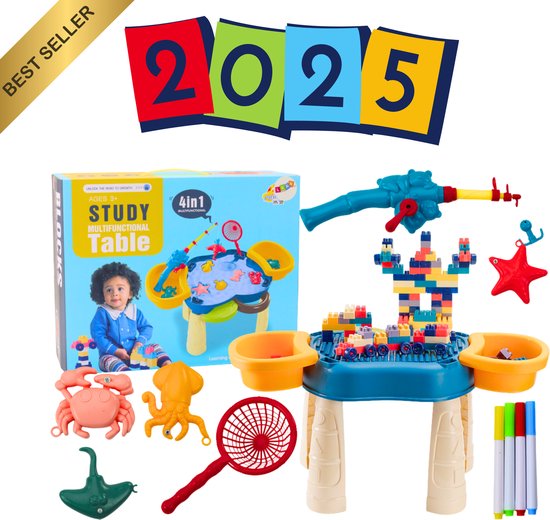 Multifunctionele 4-in-1 Speeltafel – Bouwstenen, Vissen, Tekenen & Gereedschap – Educatieve Tafel voor Kinderen – Inclusief Accessoires – Blauw – Met Ebook – CE EN71 van Merkloos