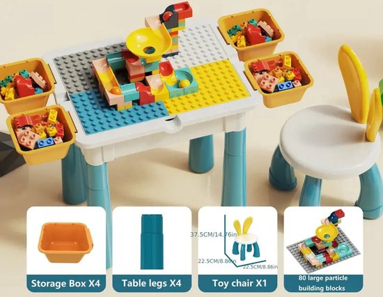 Multifunctionele Bouwsteentafel – Inclusief 80 Bouwstenen – 4 Opbergbakken – Speelset met Stoel – Geschikt voor Duplo – Interactief Speelmeubel voor Kinderen – Perfect Kerstcadeau – Blauw van $