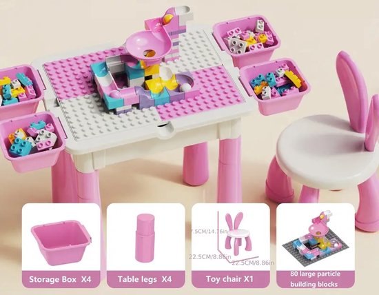 Multifunctionele Bouwsteentafel – Inclusief 80 Bouwstenen – 4 Opbergbakken – Speelset met Stoel – Geschikt voor Duplo – Interactief Speelmeubel voor Kinderen – Perfect Kerstcadeau – Roze van $