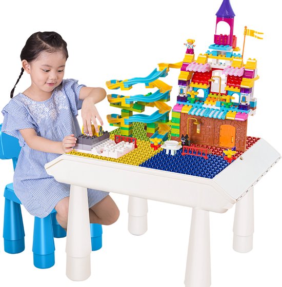 Multifunctionele bouwsteentafel voor DUPLO + 52 Blokken - Blokkentafel + 2 stoelen + Opbergruimte voor speelgoed - Constructietafel, Speeltafel - Zandtafel - Watertafel - Knutseltafel - Kindertafel en Stoelen - Bouwtafel compatibel met DUPLO van MCaber