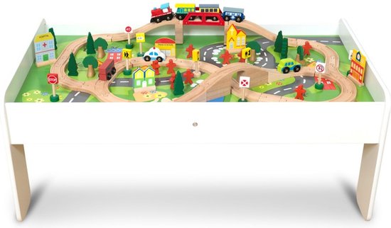 Multifunctionele speeltafel met 90-delige houten treinset, dubbelzijdig speelbord en hoge randen. Ideaal voor treinen, knutselen, puzzels en meer, vanaf 3 jaar van Merkloos