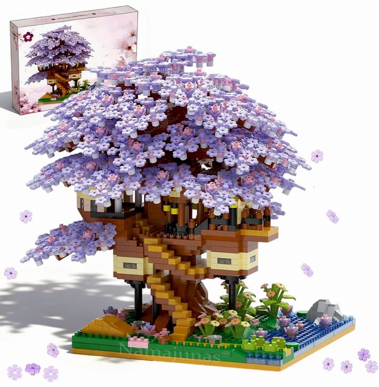 Namajunas - Mini Bouwspeelgoed - Bouwpakketten volwassenen - Bouwpakket kinderen - Boomhut Serie Collection - Botanical Bloemen - Bouwsets - Niet geschikt voor LEGO - 2229 bouwsteencadeaus - Paarse boomhut van Merkloos