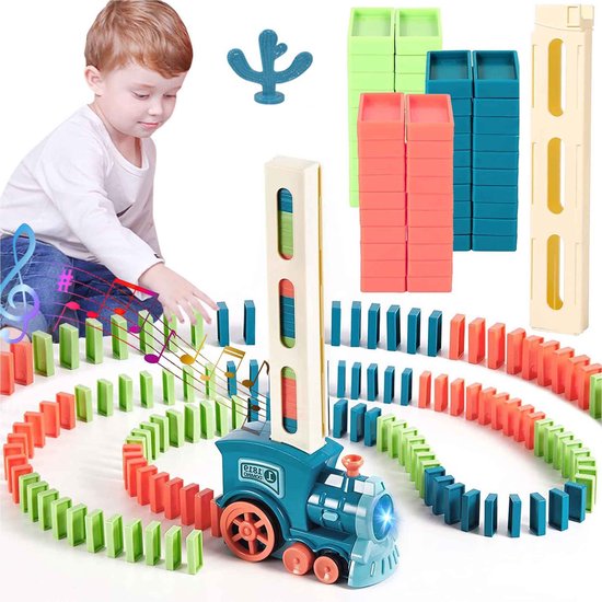 NAXSIR Domino Trein Speelgoed Set - Automatische Domino Trein met Spoor - Licht & Muziek Functie - 60 Stuks Domino van Merkloos