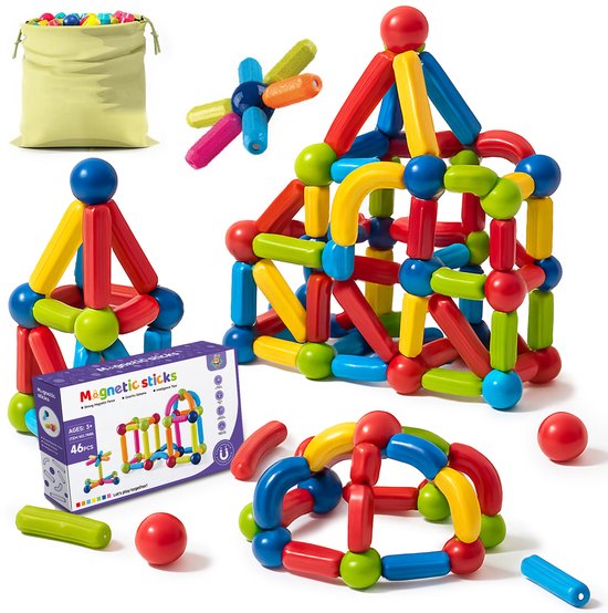 Nolita Magnetisch speelgoed – Bouwspeelgoed - Constructie speelgoed - Montessori speelgoed - Magnetic toys - Speelgoed kinderen - Magnetische tegels - Magnetische bouwstenen – 46 stuks van Nolita