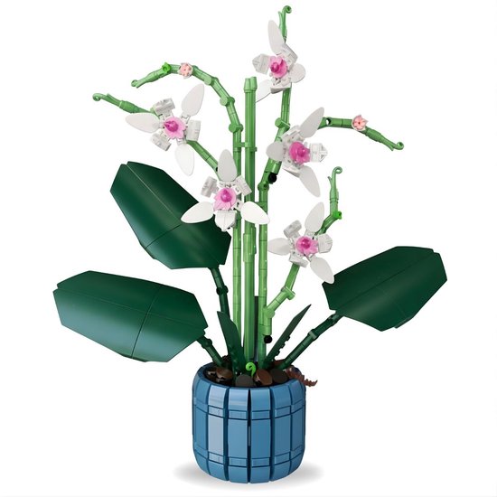 Orchidee bloemen bouwset | Botanical collection modelbouw | DIY speelgoed bouwpakketten kunstbloemen met vaas voor volwassenen & kinderen | Bloemenpracht decoratie | Bouwdoos met 728 bouwstenen van Rinekso