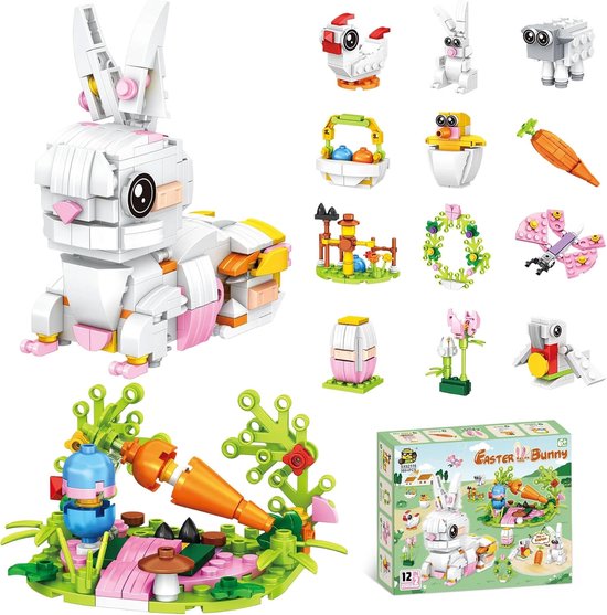 Paasbouwstenen - Paashaas constructie - Creatief spelen - 12 Delige set - 12x3x18 cm van Merkloos