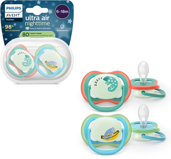 Philips Avent Ultra Air Night – Glow-in-the-dark fopspeen –(6-18 mnd) Extra luchtopeningen – 2 stuks - SCF376/28 van Philips Avent