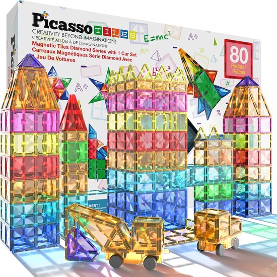 PicassoTiles - 80-delig - Magnetische bouwblokken met magneetspeelgoed - diamantspeelgoed - bouwset voor STEM sensorisch speelgoed - geschenken - educatieve speelset - kinderen - hersenontwikkelingsblokken van PicassoTiles
