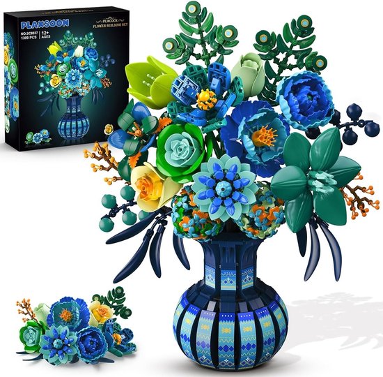 PLAXSOON Pioen Rozen Boeket Bouwsets - 1309 Delen Met Vaas - Pauw Botanische Collectie - DIY Bloemen Bouwpakket voor Haar Kinderen 12+ van Merkloos