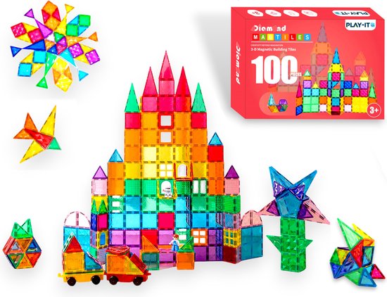 PLAY IT Magnetic Tiles 100 stuks - Magnetisch Speelgoed - Montesori Speelgoed van PLAY IT