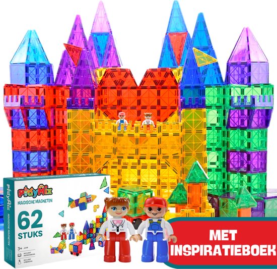 PlayMix Magnetic Tiles - 62 Stuks - Magnetisch Speelgoed - Bouwspeelgoed - Bouwblokken - Magna - Magneten Speelgoed - Magnetische Tegels - Bouwstenen - Montessori Speelgoed - Educatief Speelgoed - Jongens & Meisjes van PlayMix