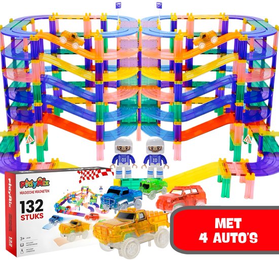 PlayMix Magnetic Tiles Racebaan - 132 Stuks - Magnetisch Speelgoed - Bouwspeelgoed - Bouwblokken - Magna - Magneten Speelgoed - Magnetische Tegels - Bouwstenen - Montessori Speelgoed - Educatief Speelgoed - Jongens & Meisjes van Merkloos