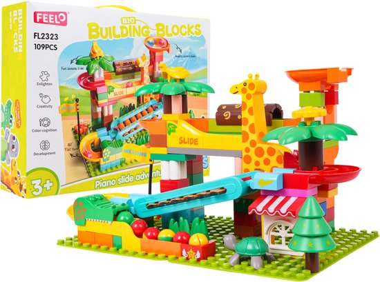 Playos® - Knikkerbaan Bouwblokken - met 6 Ballen - Safari - 109 delig - Inclusief Dieren en Bomen - met Geluid - Bouwen - Constructiespeelgoed - Bouwblokjes van Merkloos