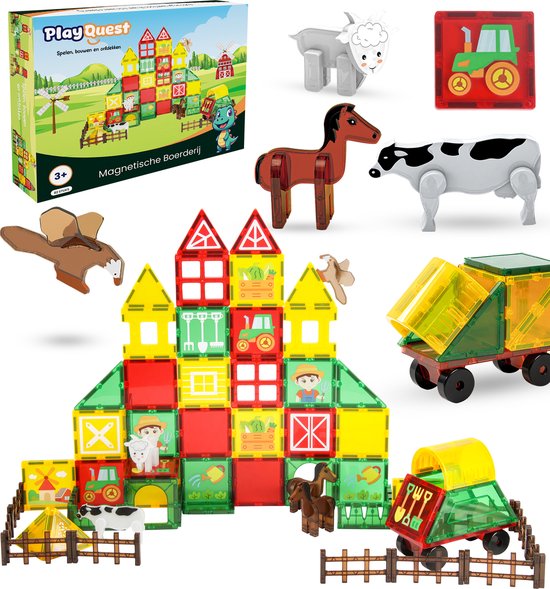 PlayQuest Magnetic Tiles - Magnetisch boerderij speelgoed - 82 stuks - Montessori speelgoed - Bouwstenen van PlayQuest