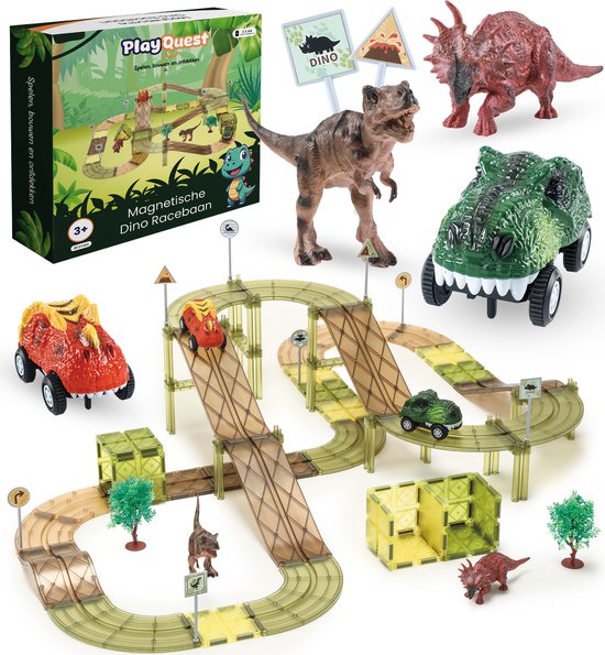 PlayQuest Magnetische Dino Racebaan - Magnetic tiles - dinosaurus speelgoed - Magnetische bouwstenen - Montessori van PlayQuest