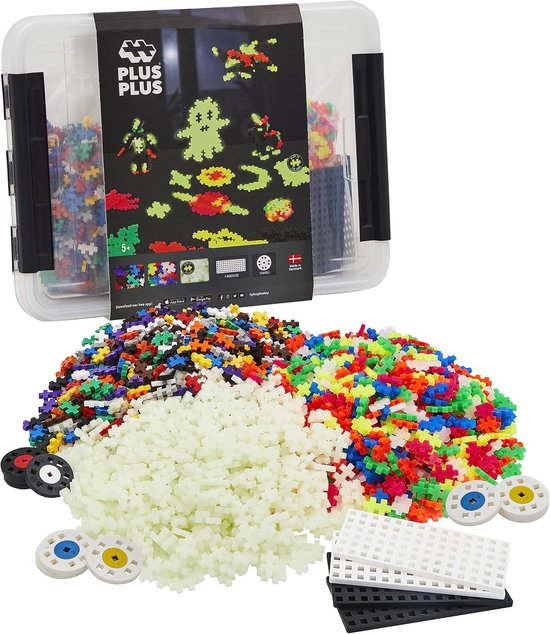 Plus-Plus Glow in the dark Opbergbox Build and 2000 delige bouwset - 3919 - Bouwspeelgoed - Constructiespeelgoed - Set met bouwstenen - Vanaf 5 jaar van Merkloos