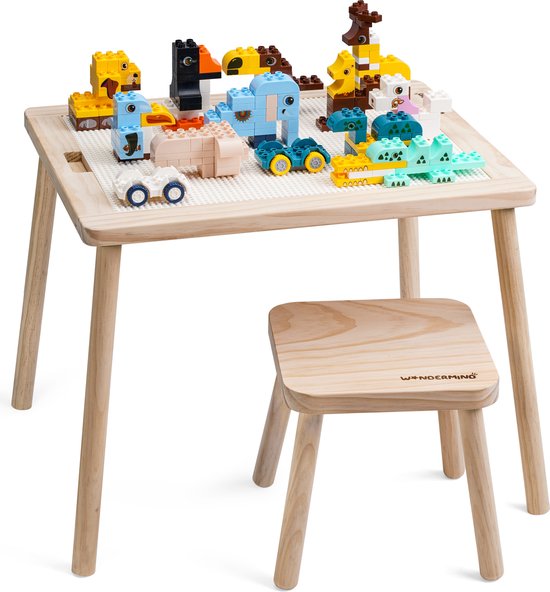 【Premium Massief Houten Bouwtafel Set + Triple Bonus】Compatibel met LEGO & DUPLO - Kindertafel + Stoeltje - Blokkentafel - Speeltafel - Knutseltafel - 1* Bouwplaat voor Grote & Kleine Bouwstenen【WonderMind WM-D001】 van $