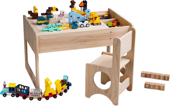 【Premium Massief Houten Bouwtafel Set + Triple Bonus】Compatibel met LEGO & DUPLO - Kindertafel + Stoeltje + Opbergruimte - Blokkentafel - Speeltafel - Knutseltafel - Zandbak - 2* Bouwplaat voor Grote & Kleine Bouwstenen【WonderMind WM-D002】 van $