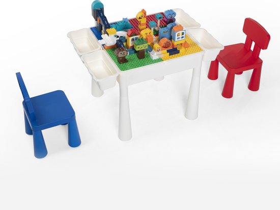 【Profi Promo】Bouwtafelset voor LEGO & DUPLO - Multifunctioneel Kinderbouwtafel met 2 stoelen + 4 Opbergbakken - Constructietafel, Kinderwerktafel, Speeltafel, Zandbak, Watertafel - Kindertafel en stoelen - Klassieke Lego-kleuren van PlayWood