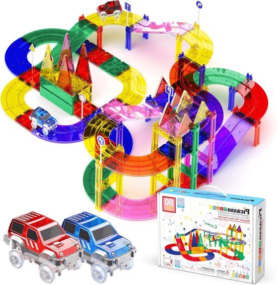 Race Auto Baan Bouwstenen - Magnetische Racebaan Auto Speelset - Creatief Spelen - Met 2 LED Raceauto's - 80 Stuks van Merkloos