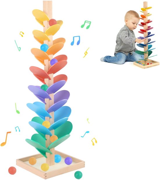 Regenboog Knikkerbaan Muziekboom XL - Montessori Houten Speelgoed - Educatief - Geschikt voor Kinderen 3-12 Jaar - Inclusief 10 Ballen van Merkloos