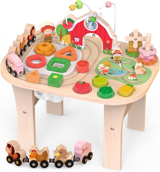 REN® Activiteiten tafel - kralenspiraal - 2 in 1" Motoriek trainer en muziek tafel - Hout speelgoed vanaf 2 jaar- Bakmachine Brood - Lichtbruin - 44cm x 31cm x 8cm ; 2.66 kg van Merkloos