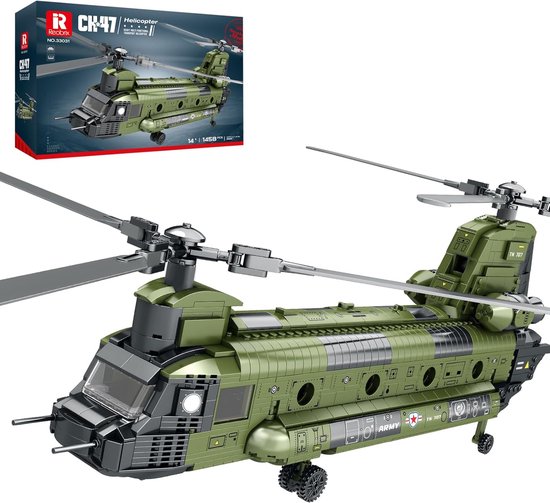 Reobrix 33031 CH-47 Leger transport helikopter bouwset | WW2 Army vliegtuig constructie modelbouw | Educatief city militair speelgoed bouwpakketten voor kinderen & volwassenen | Geschikt voor Lego technic | Bouwdoos met 1451 bouwstenen van Merkloos