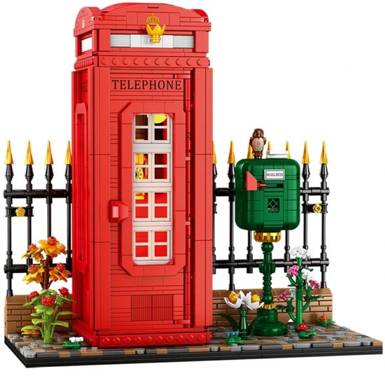 Reobrix 66609 Telefooncel bloemen straat van London bouwset incl. verlichtingen | Classic Creator Modular Building | Expert Architecture Modelbouw | Educatief Speelgoed voor volwassenen & kinderen | Geschikt voor Lego | Bouwdoos met 1707 bouwstenen van Merkloos