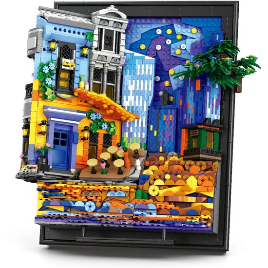 Reobrix 66702 Bloemen cafe bij nacht schilderij mega bouwset met verlichting | Botanical wall art | Classic creator expert speelgoed | Icons bloemen kunst modelbouw voor volwassenen & kinderen | Decoratie geschikt voor Lego | Bouwdoos met 2678 bloks van Merkloos