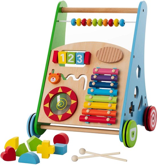 Rijoka Loopwagen Hout voor Baby +/- 1 jaar | Babywalker | Educatieve looptrainer | Anti-Slip wieltjes | 38 x 32 x 46cm| Multicolor van Rijoka