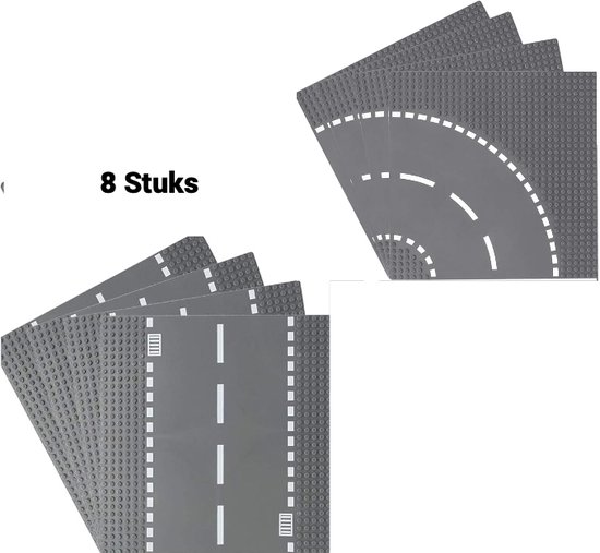 Set Wegplaten geschikt voor LEGO - 8 Stuks - Straat Bouw Platen - wegenplaat recht - bocht - 25, 5 m x 25,5cm van Strictly Briks