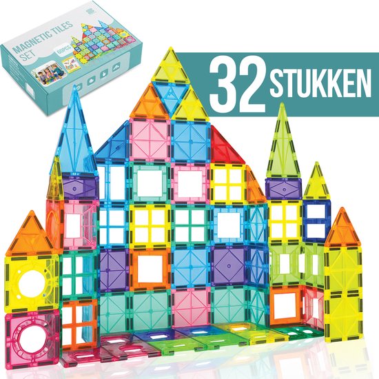 SHOPARA® Magnetic Tiles - Montessori Magnetisch Speelgoed – Magnetische Tegels – 60 Stuks – Bouwstenen & Bouwblokken – Educatief Speelgoed voor Kinderen – Magna Wereld – Magnetic Toys van Merkloos