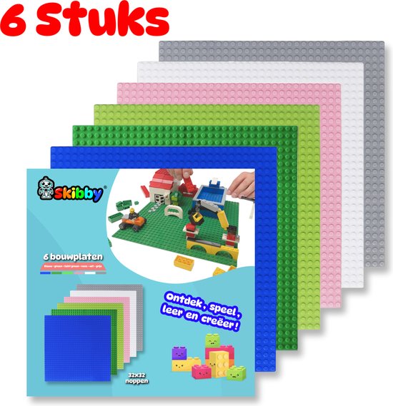 Skibby bouwplaat set geschikt voor LEGO - city stenen 32 x 32 noppen - bouwplaat groot city classic - grijs 10701 - blauw 10714 - groen 10700 - wit 11010 - licht groen 11023 - roze - technic - grondplaat - 6 stuks van Skibby