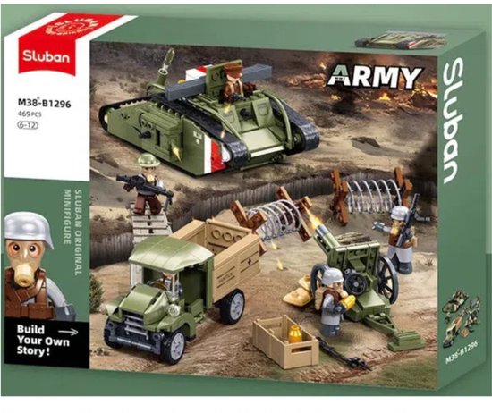 Sluban - Leger formatie Mark V Tank bouwset | WW2 Army | 5 minifigures soldaten | City defender modelbouw bouwpakketten | Classic creator auto truck | Technisch ideas speelgoed voor kinderen & volwassenen | Bouwdoos met 516 bouwblokken van Merkloos
