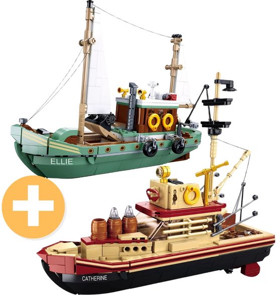 Sluban - Vissers boten | Scheepvaart & zeilboot avonturen | Classic creator ideas technic | STEM educatief speelgoed bouwpakket compatible met lego | Schip modelbouw volwassenen & kinderen | Bekend van DVD film Jaws | Incl. haai | 1202 bouwstenen van Sluban