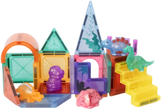 Speelgoedtopdeals – Magnetische tegels Dino – 27-delig – diverse vormen – 5,5 cm - Montessori Speelgoed – Bouwstenen – Dinosaurus van Speelgoedtopdeals