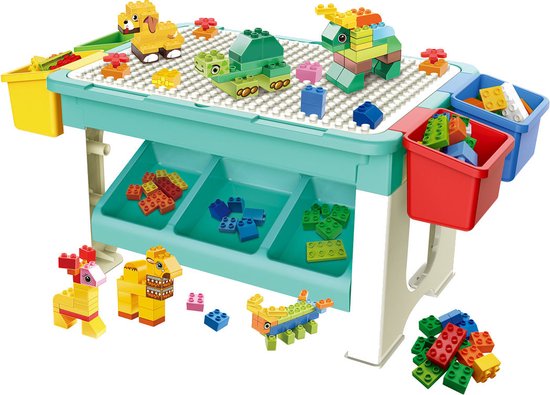 Speeltafel met bouwplaat (geschikt voor Duplo® blokken) en vlakke kant. Kindertafel met 7 Opbergbakken - Bouwtafel van KiddiStyle