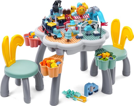 【Super Bonus Bouwpakket incl. 173 Blokken】Compatibel met DUPLO - Kindertafel met 2 Stoeltjes en 4 Bakjes - Blokkentafel - Speeltafel - Knutseltafel - Zandbak - Waterbak - Bouwplaat for Grote-Bouwstenen - Multifunctionele Bouwtafel【WonderMind BT-F002】 van $
