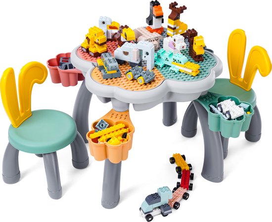 【Super Bonus Bouwpakket incl. 230 Blokken】Compatibel met DUPLO - Kindertafel met 2 Stoeltjes en 4 Bakjes - Blokkentafel - Speeltafel - Knutseltafel - Zandbak - Waterbak - Bouwplaat for Grote-Bouwstenen - Multifunctionele Bouwtafel【WonderMind BT-F001】 van $